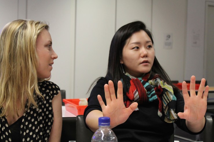 Art History graduate student Sarah Grandin actively listening to Art in Education grad Ju-Hye Ahn "push back" at the British Museum