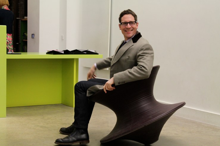Ethan Lasser, Margaret S. Winthrop Associate Curator of American Art at the Harvard Art Museums, enjoying Heatherwick Studio's Spun Chair at the V&A